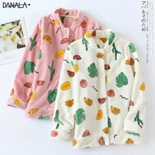 DANALA, Осень-зима, женские пижамы, наборы, мягкие, плотные, фланелевые, цветочный принт, отложной ворот, длинный рукав, пуловер, теплая одежда для сна, топы