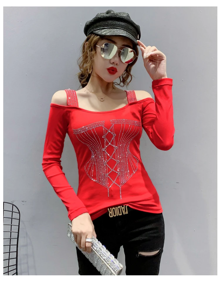 2020 Autumn new woman tshirts Fashion sexy off the shoulder women t-shirt long sleeve Hot drilling plus size women clothing