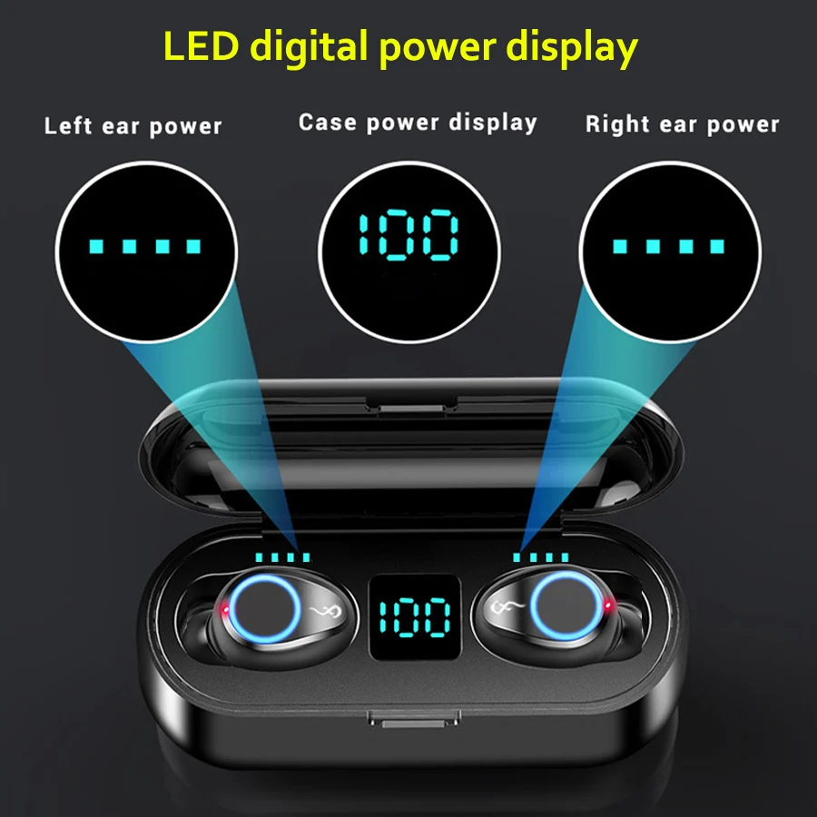 TWS 5,0 Беспроводные наушники с Bluetooth, водонепроницаемые спортивные стерео наушники, беспроводные наушники с микрофоном, 2000 мАч, внешний аккумулятор