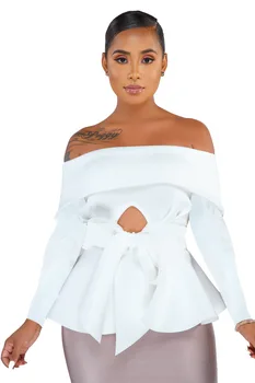 

HAOOHU Off The Shoulder Tie Bow Sexy T Shirt Women Backless Long Sleeve Slim Autumn Tops Causal Solid Ruffles Cut Out Shirts