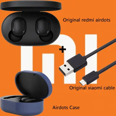 Original Xiaomi Redmi AirDots True Wireless Earphone Headphone TWS bluetooth Earphones Active Noise Cancellation Dropshipping - Цвет: With case and cable