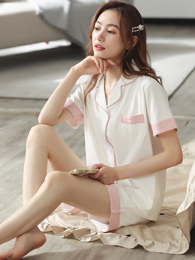 Ice Porcelain Cotton Sleepwear Short Pajamas Women White Pijama Nightwear Shorts Suit Summer Cotton Pyjamas Femme Home Clothe 2022 new pyjamas home suit korean sleepwear pajamas women autumn pijama pyjamas long short sleeve 2 piece set nightwear