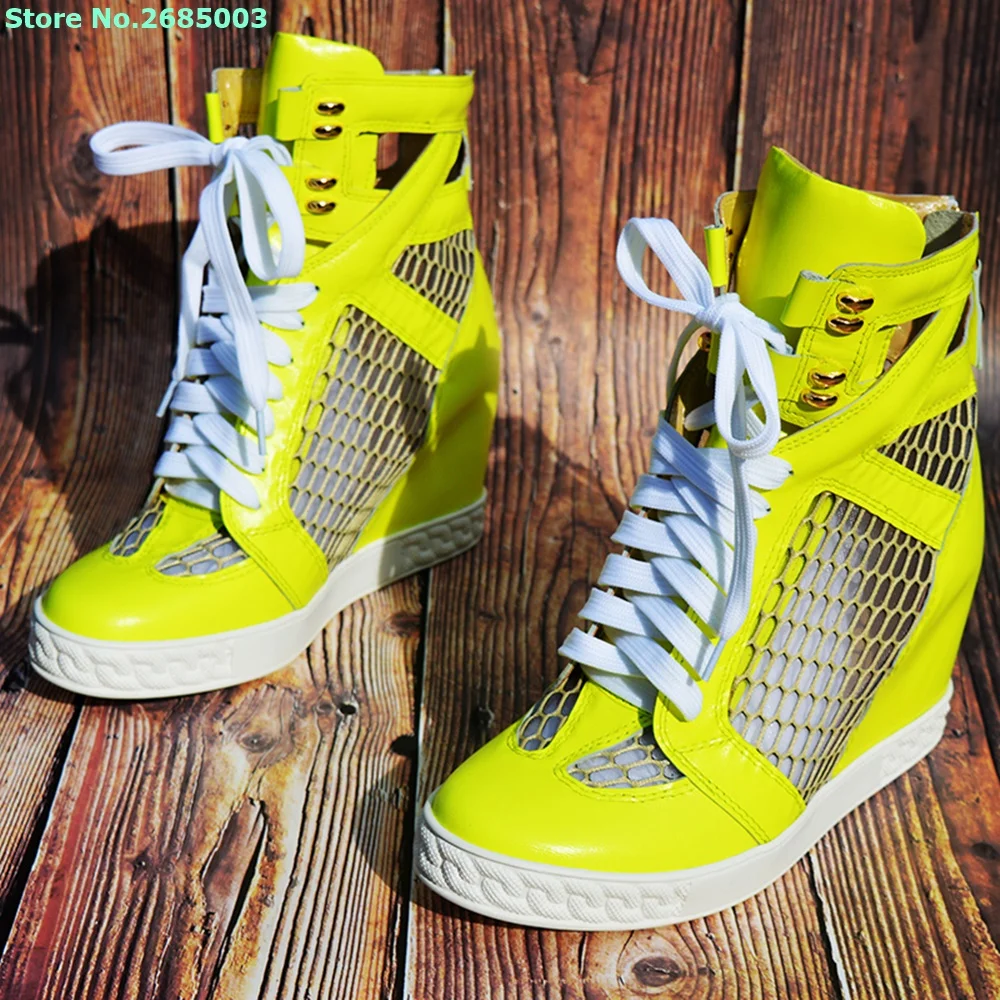 

Mesh Lace Up Wedges Pumps Mixed Colors Ankle Cross Tied Back Zipper Women Summer Spring Party Dress Sneaker Shoes