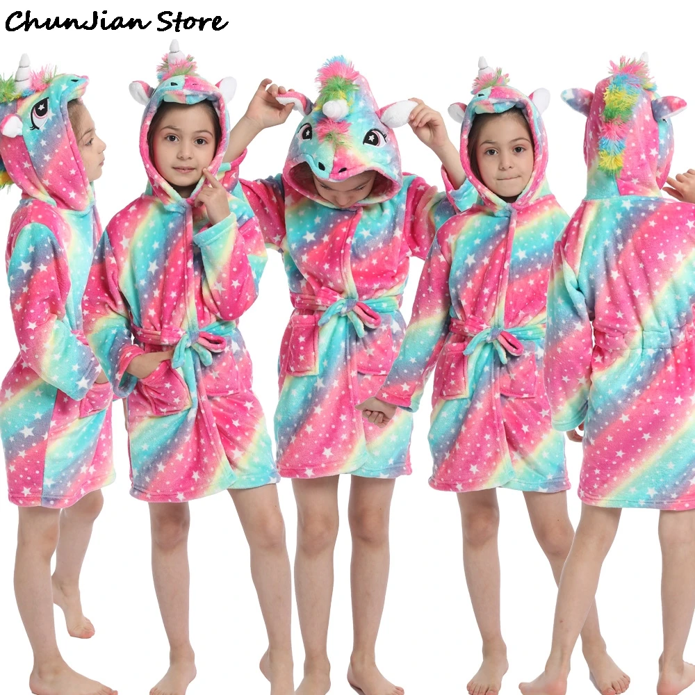 Unicorn Hooded Children Bathrobes Baby Rainbow Bath Robe Animal For