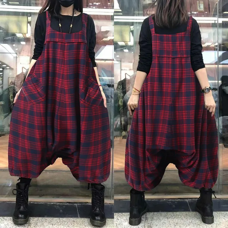 Women's Check Jumpsuits ZANZEA Vintage Drop Crotch Overalls Square Neck Long Pantalon Female Elastic Trousers Rompers Oversized Women's Check Jumpsuits ZANZEA Vintage Drop Crotch Overalls Square Neck Long Pantalon Female Elastic Trousers Rompers Oversized