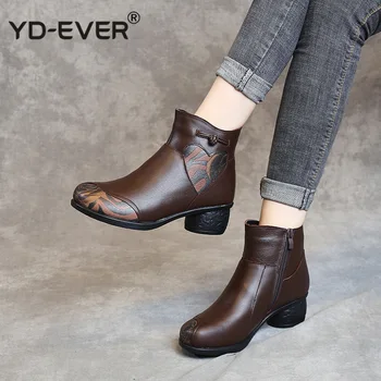 

Autumn Winter Women Boots Genuine Leather Thick Heels Ankle Boots For Women Shoes Retro Warm Zipper Short Boots