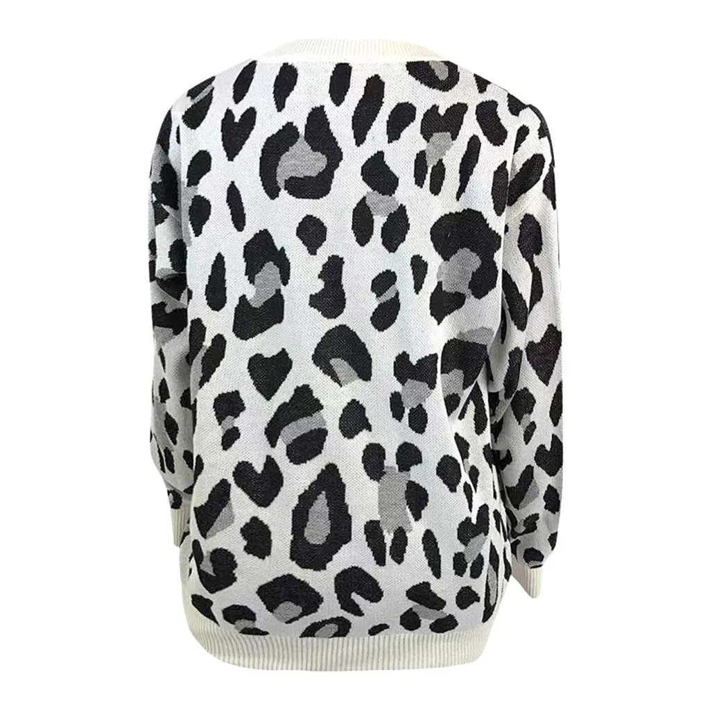 Jaycosin Fashion Casual Lady Leopard Sweater Chic Stylish Comfortable Soft Elegant Loose V-Neck Fit Tops Blouse sweater