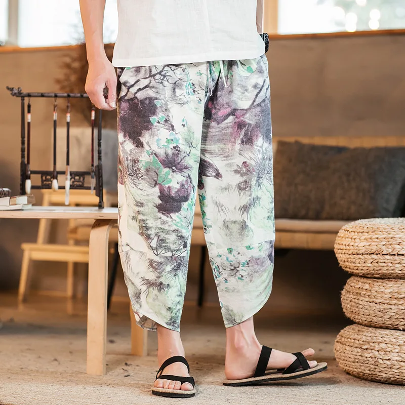 

Men Linen Pants Chinese-style Harem Pants Men's Casual Pants Capri Pants Men's Large Size Loose-Fit