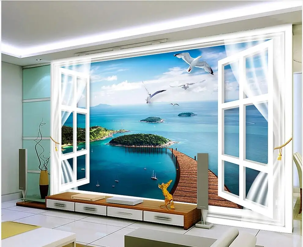 

Custom photo mural on the wall 3d wallpaper Window scenery isle seagull scenery home decor living room wallpaper for walls 3 d