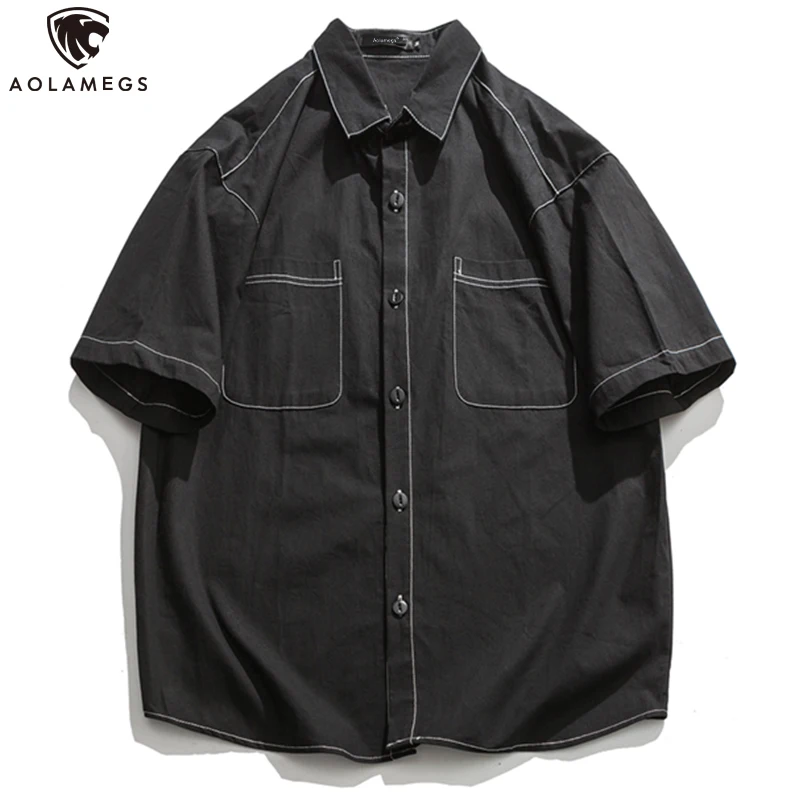 

Aolamegs Men's Shirt Casual Japanese Cargo Shirt Solid Color Summer Slim Harajuku Retro Tops Short Sleeve Fashion Streetwear