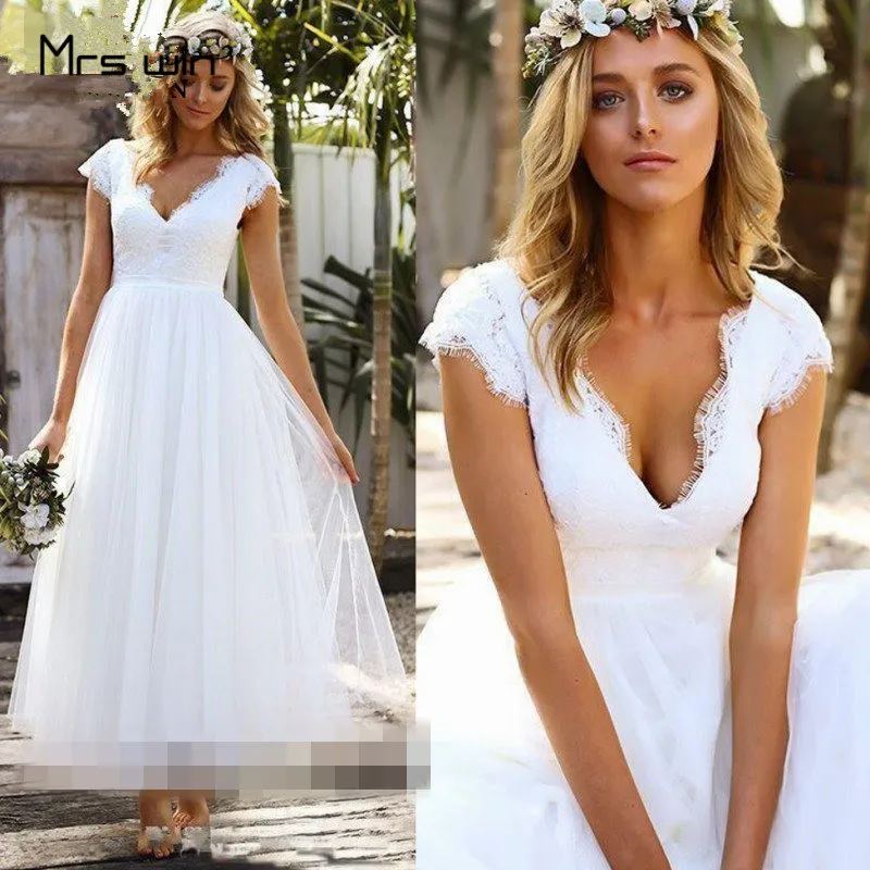 

Mrs win Wedding Dress Elegant Deep V neck White Beach Bridal Dresses Plus Size Ankle Length Vestido de novia Wedding Gowns HR009