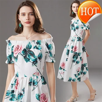 

Dress Fashion Designer Spring Summer Women's Dress Puff Sleeve Rose Floral-print Vacation Cotton Dresses