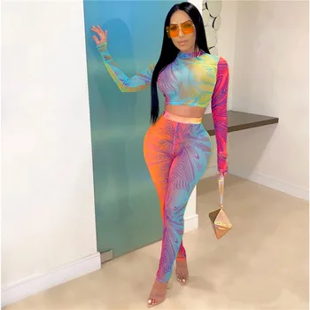 

Tie Dye 2 Pieces Set Women Outfits Tracksuit Streetwear Bodycon Long Sleeve Crop Top Female Pants Women Matching Sets
