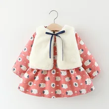 Комплекты для девочек, платье с принтом, вельветовый жилет, детская одежда,, зима