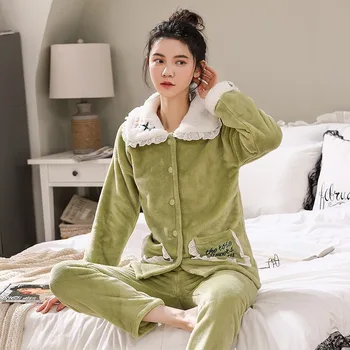 

2020 Winter Ladies Casual Thick Plush Home Wear Two-Piece Suit Lapel Single-Breasted Long-Sleeved Warm Solid Color Suit