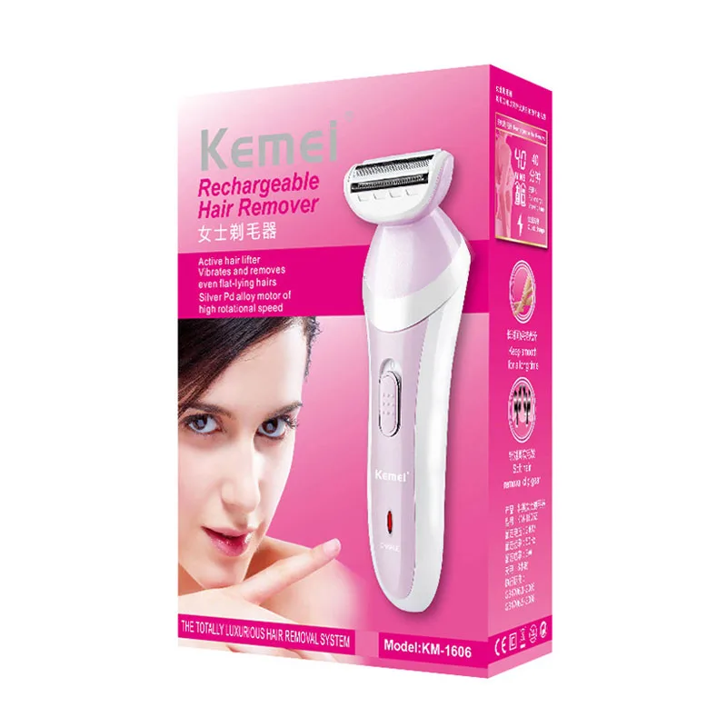 Kemei, Электрический эпилятор для женщин, безболезненная Машинка для удаления волос, перезаряжаемая Бритва для женщин, для бикини, ног, триммер для подмышек, бритва 42D - Цвет: with box
