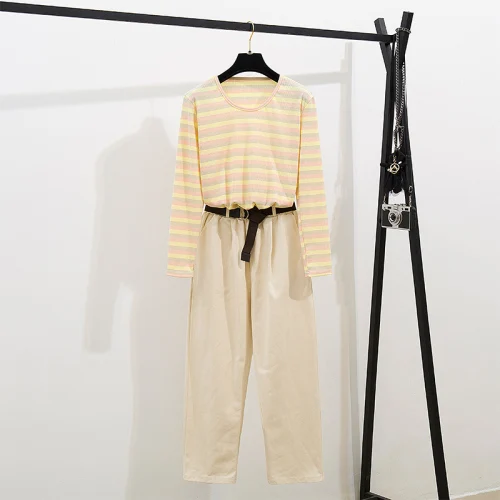 

2019 Autumn Women's Fashion Stripe T-shirt + Casual Pants 2 pcs Sets Female Outfit A1781