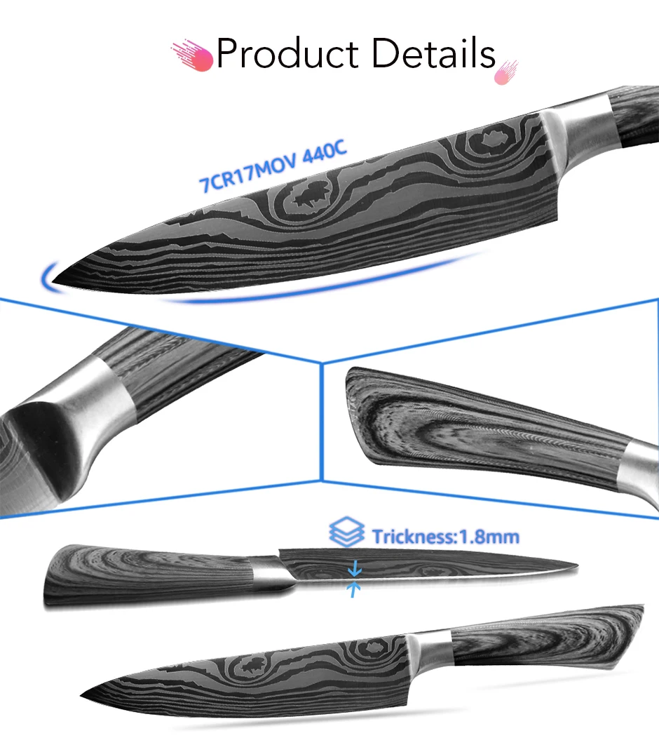 Кухонный нож 5, 7, 8 дюймов, 7Cr17, 440C, универсальный нож из нержавеющей стали, нож шеф-повара, дамасский нож для рисования мяса, Santoku, набор инструментов для приготовления пищи