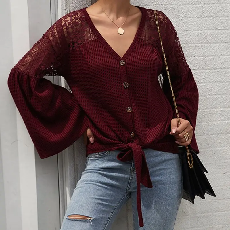 

Bohemian Vintage Women Sweater Retro Elegant Long Sleeve Pin Up Top Casual Boho V Neck Bell Sleeve Vocation Beach Female Clothes