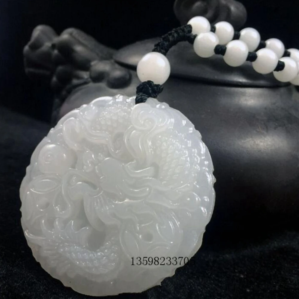 Высокое качество уникальный натуральный белый нефрит резной Будда дракон феникс Лаки амулет кулон ожерелье для женщин мужчин кулон ювелирные изделия - Цвет камня: Темный хаки