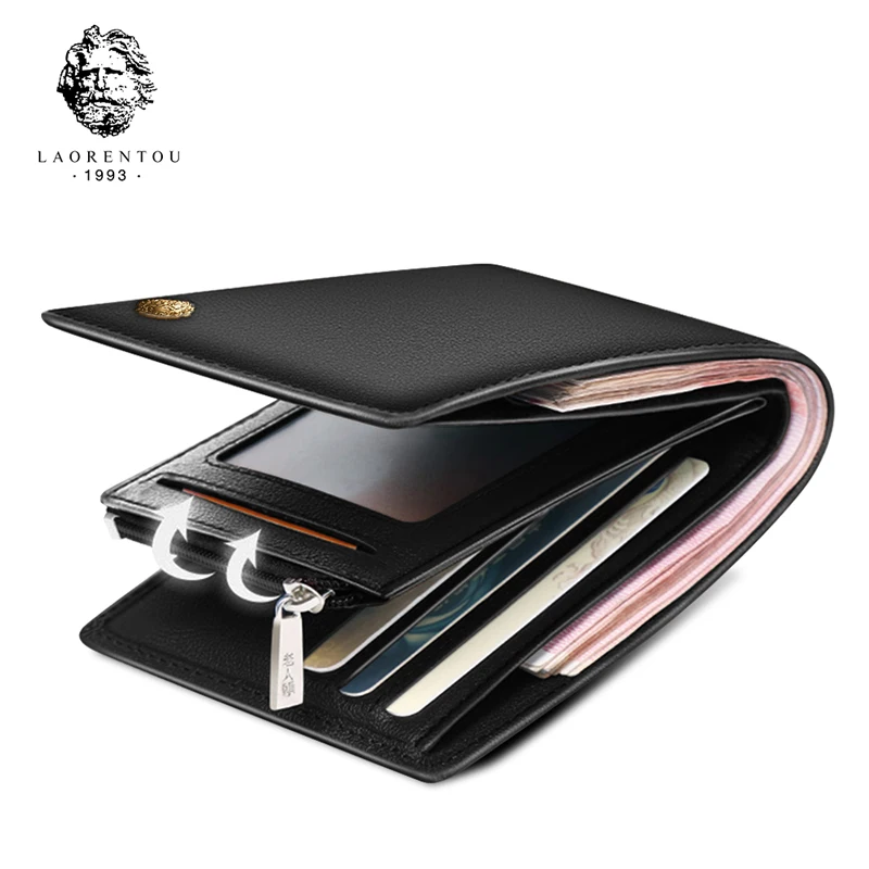 LAORENTOU Cow Leather Men Short Wallet Casual Genuine Leather Male Wallet Purse Standard Card Holders Wallets For Men