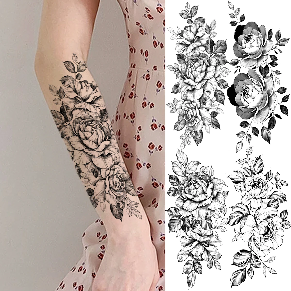 

Black Rose Flower Forearm Temporary Tattoos For Women Adult Girl Peony Fake Tattoo Realistic Body Thigh Sleeve Tatoos Sticker