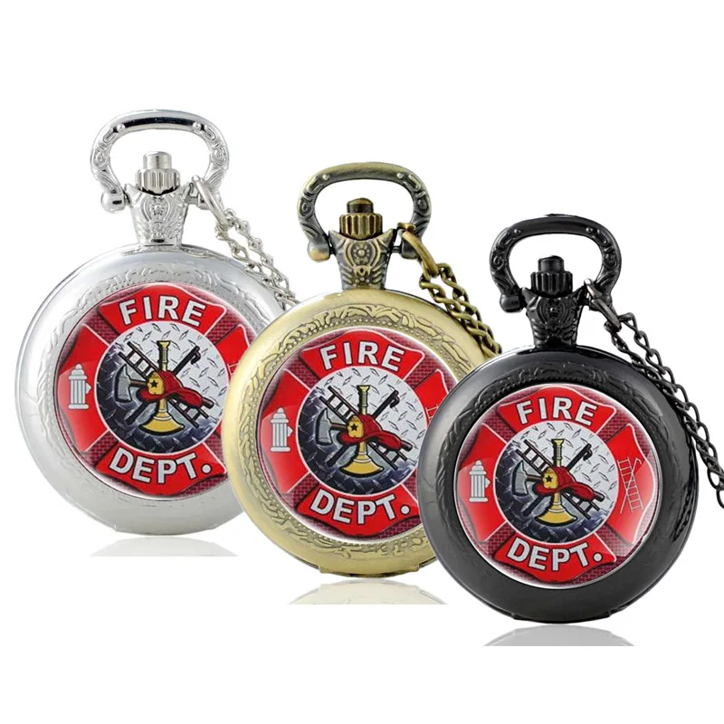 

Retro Red Fire Brigade Glass Cabochon Quartz Pocket Watch Vintage Men Women Firemen Pendant Necklace Chain Hours Clock