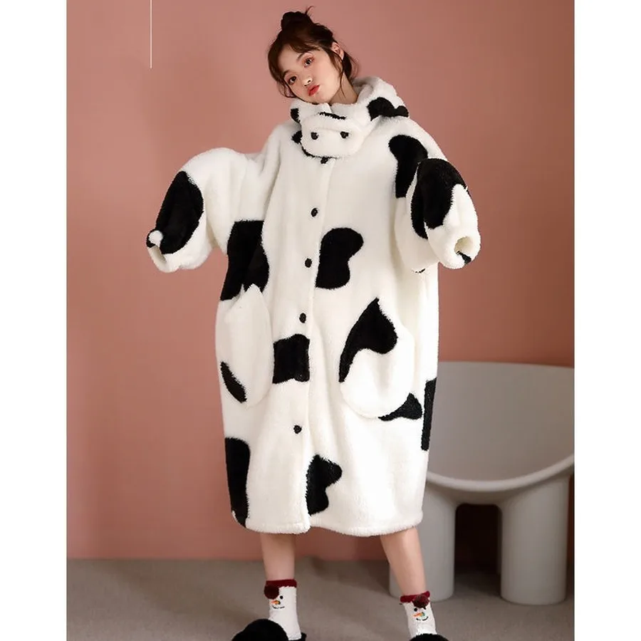 Cute Cow Pajamas Women Winter Nightgown Female Long Thickened Flannel Sleep Dress Girl Home Service Winter Bathrobe
