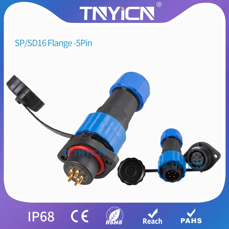 Водонепроницаемый разъем SD16 Flange-5Pin IP68 Панельное крепление проводные кабельные