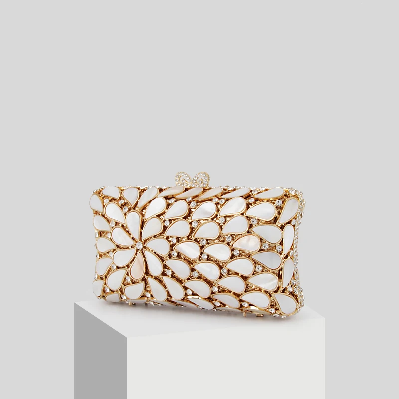 

Designer Elegant Dinner Evening Bag Luxury Lady Handbag Shell Flower Clutch Metal Frame Purse with Chain Strap for Banquet Party
