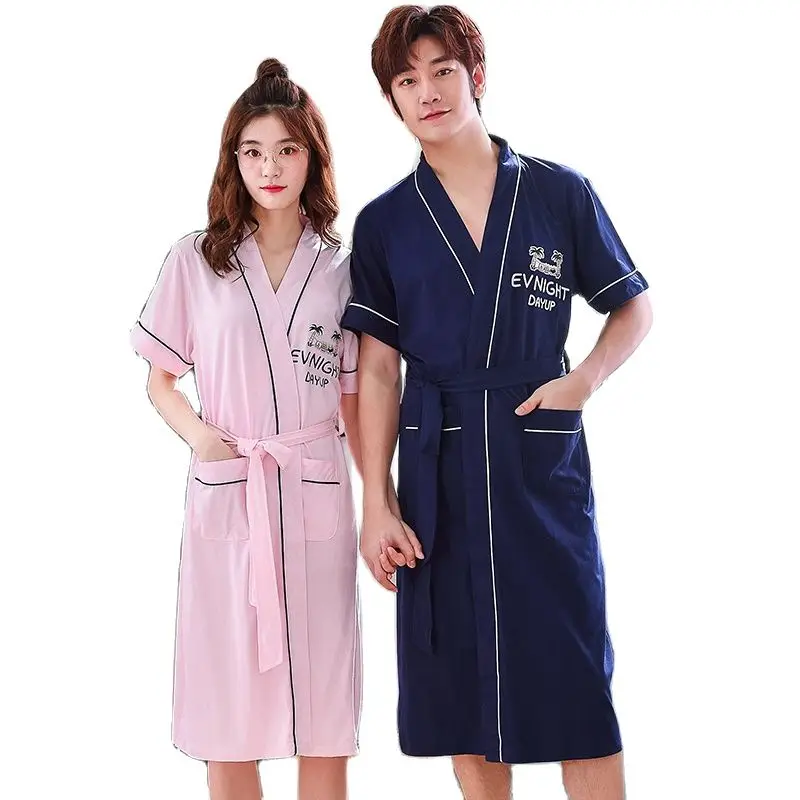 

Bathrobe Men And Women Summer 100% Cotton Short Sleeve Robe Sleepwear Casual Loose Plus Size M-3XL Couple Robe Homewear