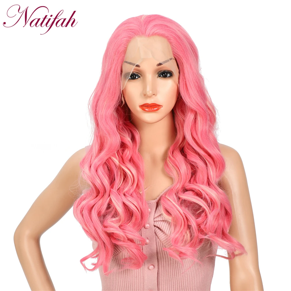 Natifah парики из искусственных волос на кружеве Длинные свободные волнистые парики розовые высокотемпературные синтетические волосы на кружеве парик для женщин Косплей - Цвет: Розовый