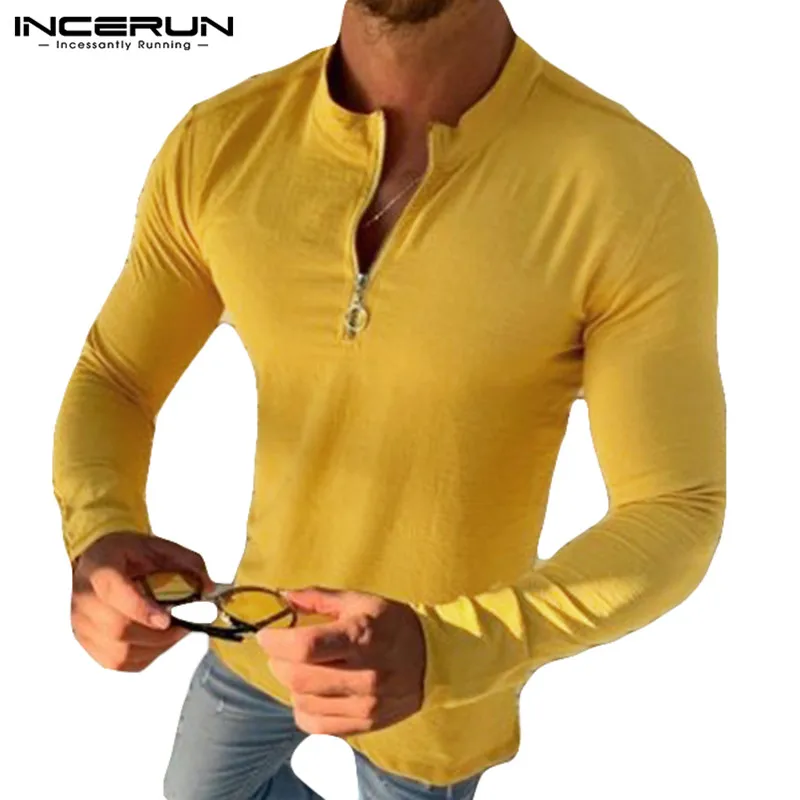 

Stylish Long Sleeve T Shirt Men Solid Streetwear Zipper Fitness Stand Collar Pullovers Casual Mens T-shirts 2020 INCERUN S-3XL