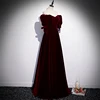 Велюровые вечерние платья винно-красного цвета на заказ, большие размеры, на шнуровке, а-силуэта, длина до пола, с рукавом до локтя, вечернее с вырезом «Лодочка», торжественное платье R1250 ► Фото 2/6