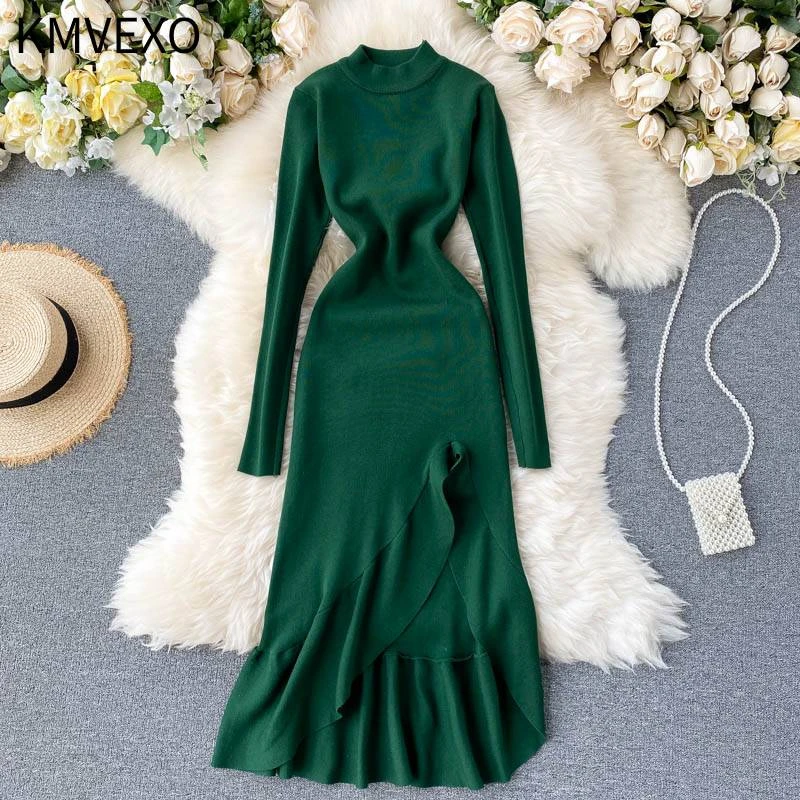 KMVEXO 2020 New Autumn Winter Elegant Women Ruffled Knitted Turtleneck Midi Dress Office Lady Asymmetric Split Mid-Calf Dress KMVEXO 2020 New Autumn Winter Elegant Women Ruffled Knitted Turtleneck Midi Dress Office Lady Asymmetric Split Mid-Calf Dress