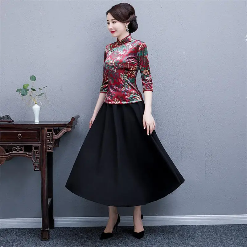7020 Suit Винтаж ручной работы Кнопка Cheongsam 2 шт. Комплект женский традиционный цветочный принт Qipao Мода Атлас qipao Vestidos - Цвет: 7020 Suit