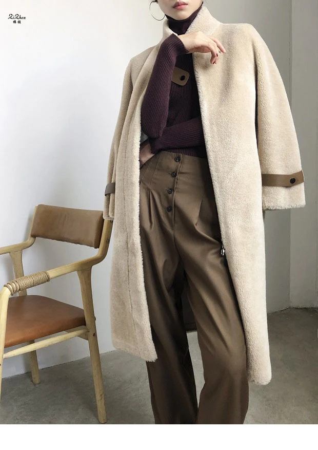 

ZiZhen Natural Wool Long Overcoat With Belt Mandarin Collar OL Zipper New Fur Trench With Pockets DM190920-2