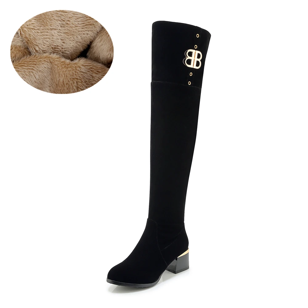 black thick fur Большие размеры 34-43; Новинка; Модные Узкие ботфорты из искусственной замши; зимние женские сапоги; пикантные высокие сапоги до бедра; женские сапоги на высоком каблуке - Цвет: black thick fur