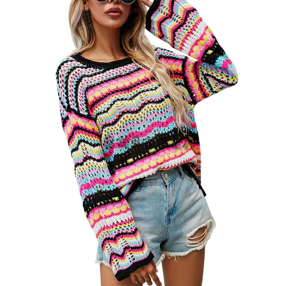 Autumn Rainbow Sweater Women Harajuku Jumper Striped Casual Long Sleeved Pullovers Korean Vintage Knitwear Y2K Sweatshirt 1