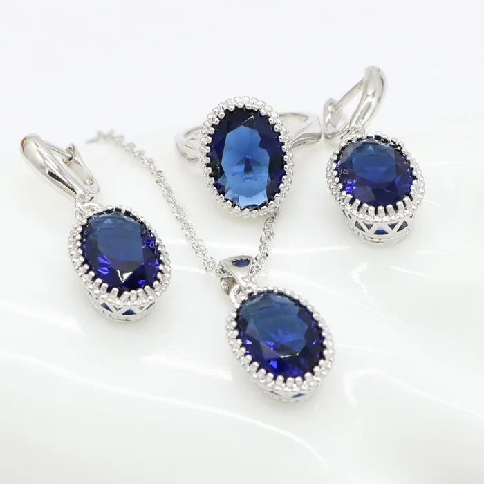 Круглый синий циркониевый Свадебный Серебряный 925 Модный кулон ожерелье серьги и кольцо Ювелирные наборы для дам модный подарок - Окраска металла: Blue  3pcs