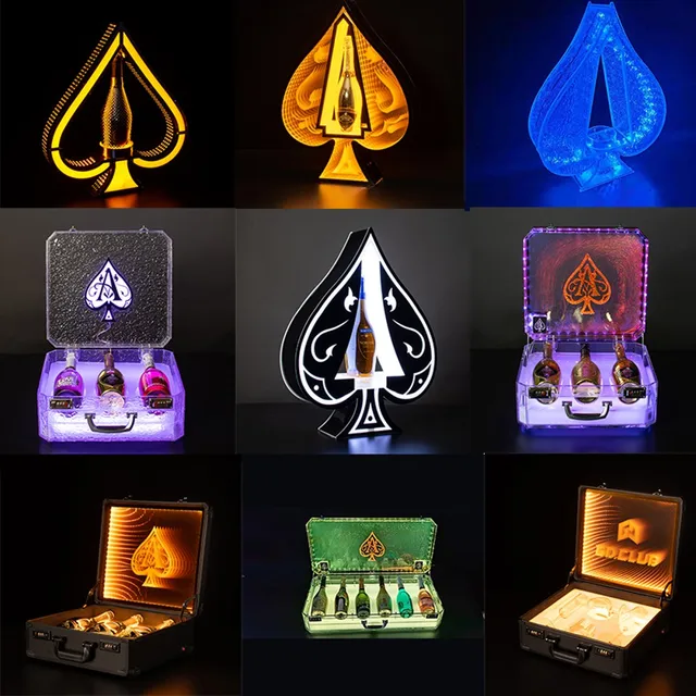 LED VIP Brand Logo Bar Neon Sign Ace of Spade Armand de Brignac Champagne  Bottle Presenter Carrier Box Acrylic Display Racks