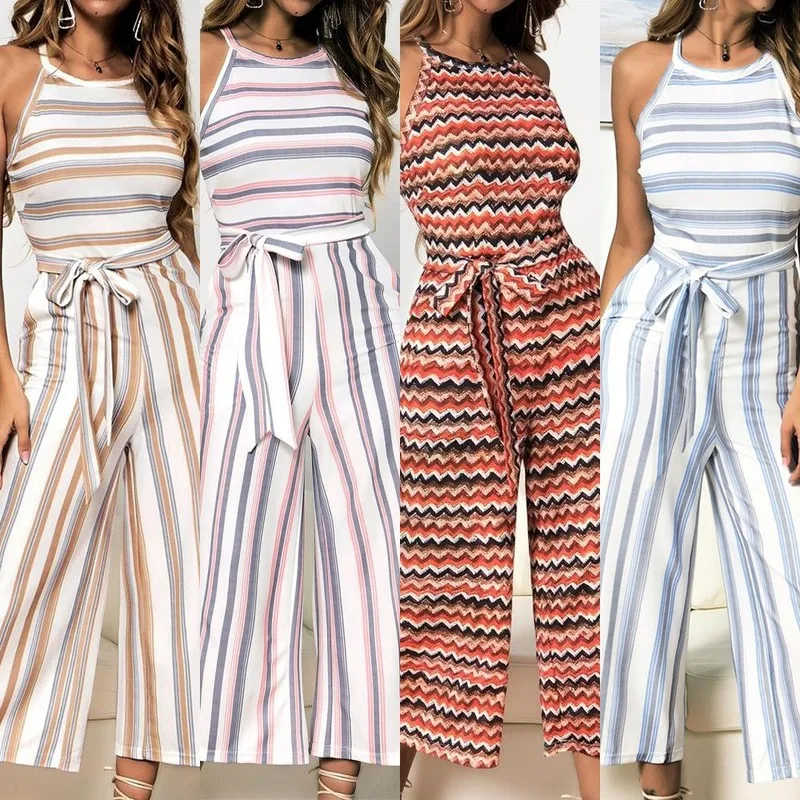 

2019 Spring and Summer New Hot Selling Multi-Color Stripe Printed Sleeveless Wide Leg Jumpsuit