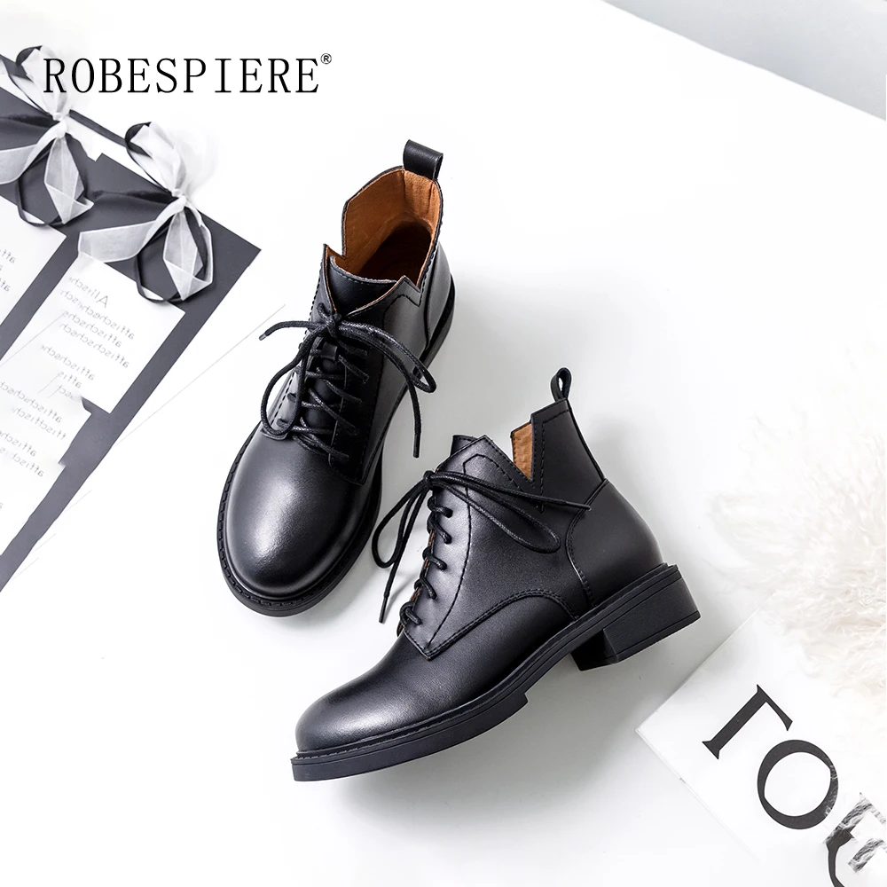 

ROBESPIERE New Round Toe Ankle Boots For Women Lace Up Black Women Shoes Winter Warm Plush Platform Waterproof Western Boots B52
