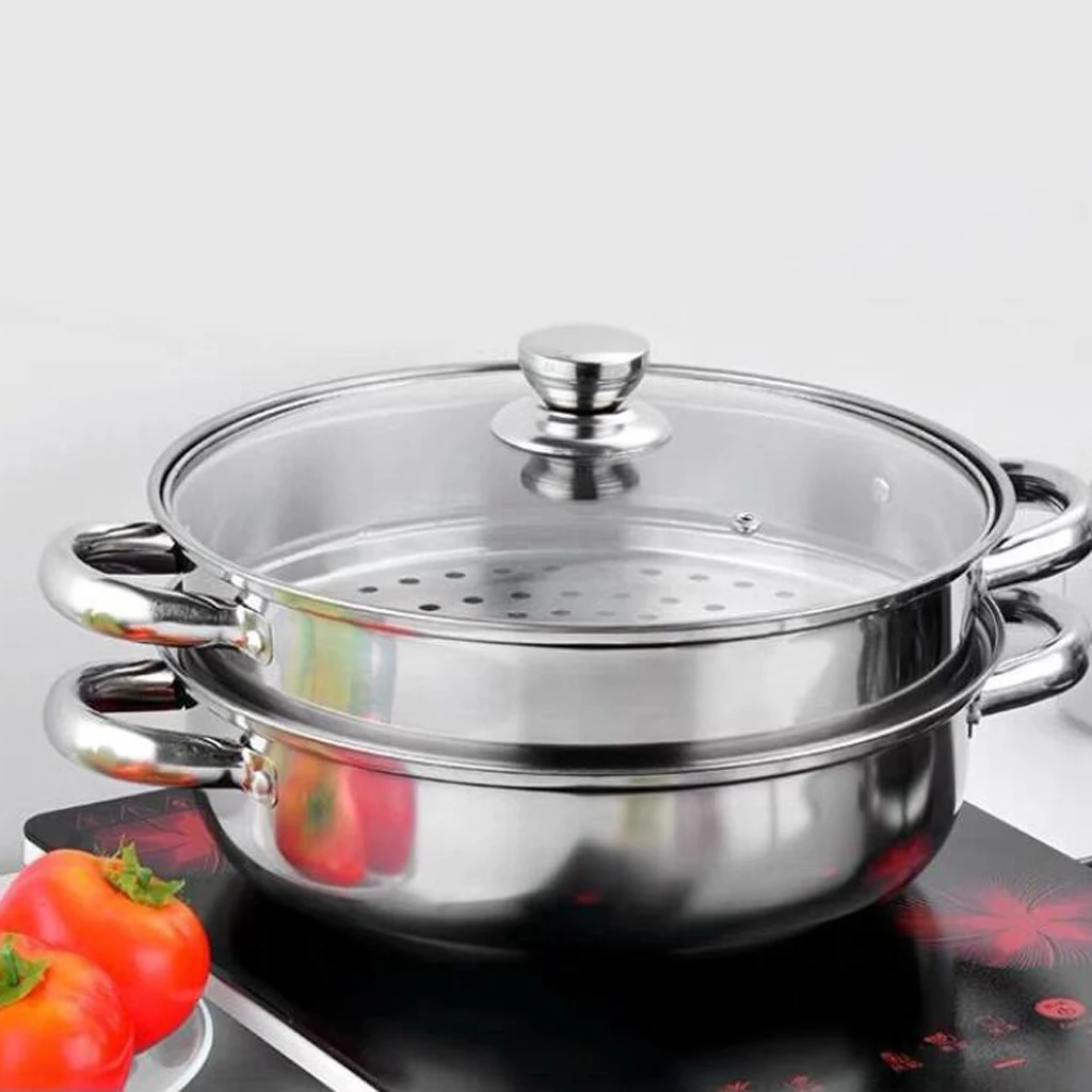 Stainless Steel Steam Cooker Steamer Pan Cook Pot Set Glass Lid