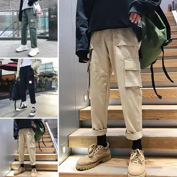 

Casual Pants Men Solid Color Multi Pockets Loose Straight Trousers Cotton Cargo Pants