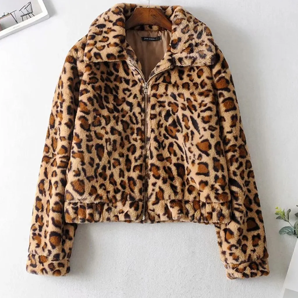 

Women Leopard Jacket Long Sleeve Printed Coat Zipper Turn Down Collar Plush Jacket Coats And Jackets Women Chaquetas Mujer 2019