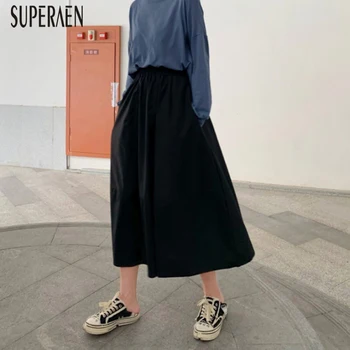 

SuperAen Solid Color Casual Skirts Women Spring and Summer New 2020 Ladies Skirts Wild High Waist Cotton Casual Skirts Female