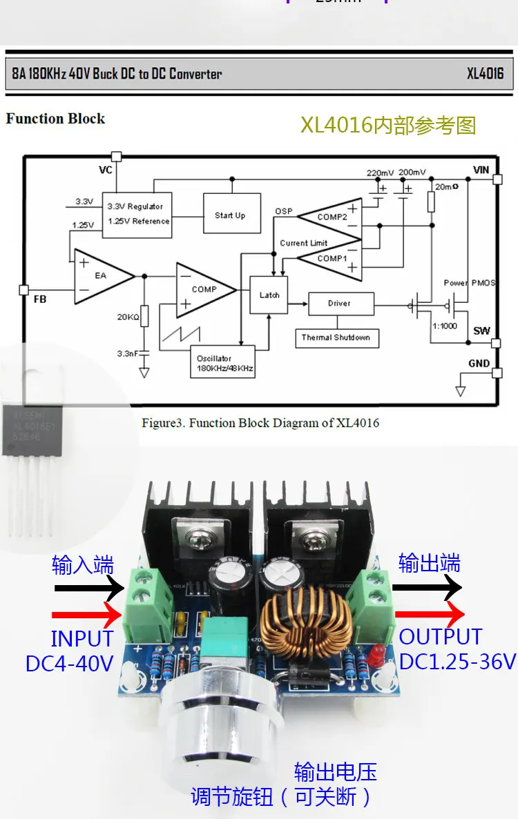 XH-M401 DC-DC понижающий модуль XL4016E1 Высокая мощность DC регулятор напряжения максимальный 8А диапазон регулятор напряжения