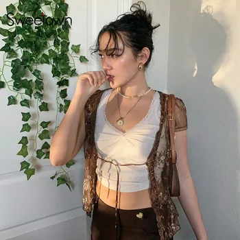 Sweetown Brown Vintage Y2K Lace Crop Top Short Sleeve See Through Sexy Mesh Woman Tshirts