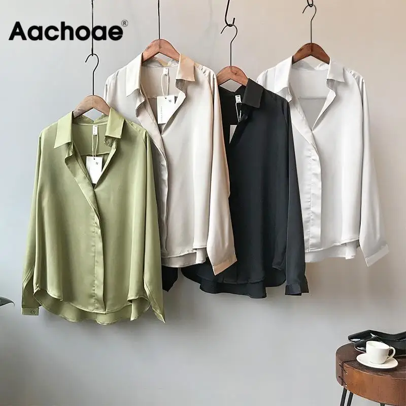 

2020 New Elegant Solid Satin Blouse Women Long Sleeve Casual Shirts Ladies Office Loose Turn Down Collar Blouses Tunic Blusas
